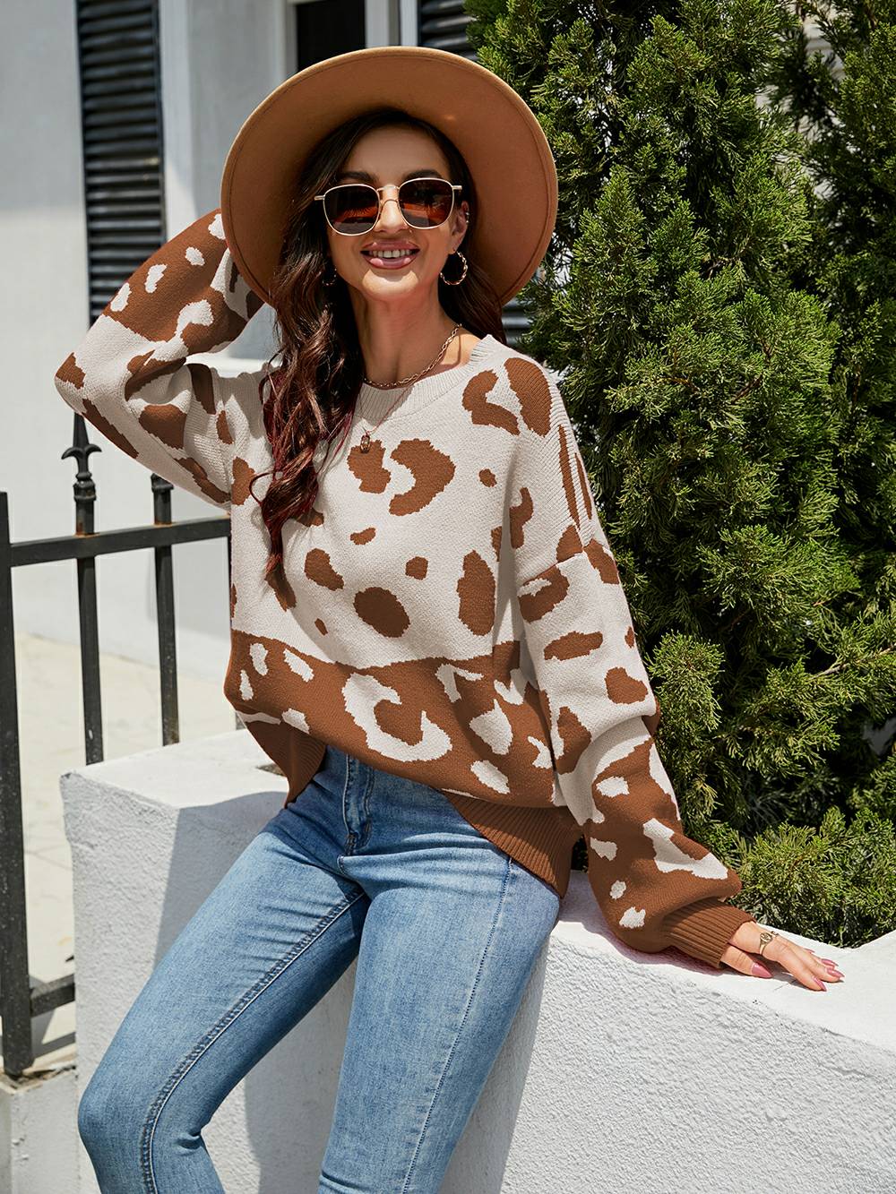 Leopard Round Neck Knit Sweater