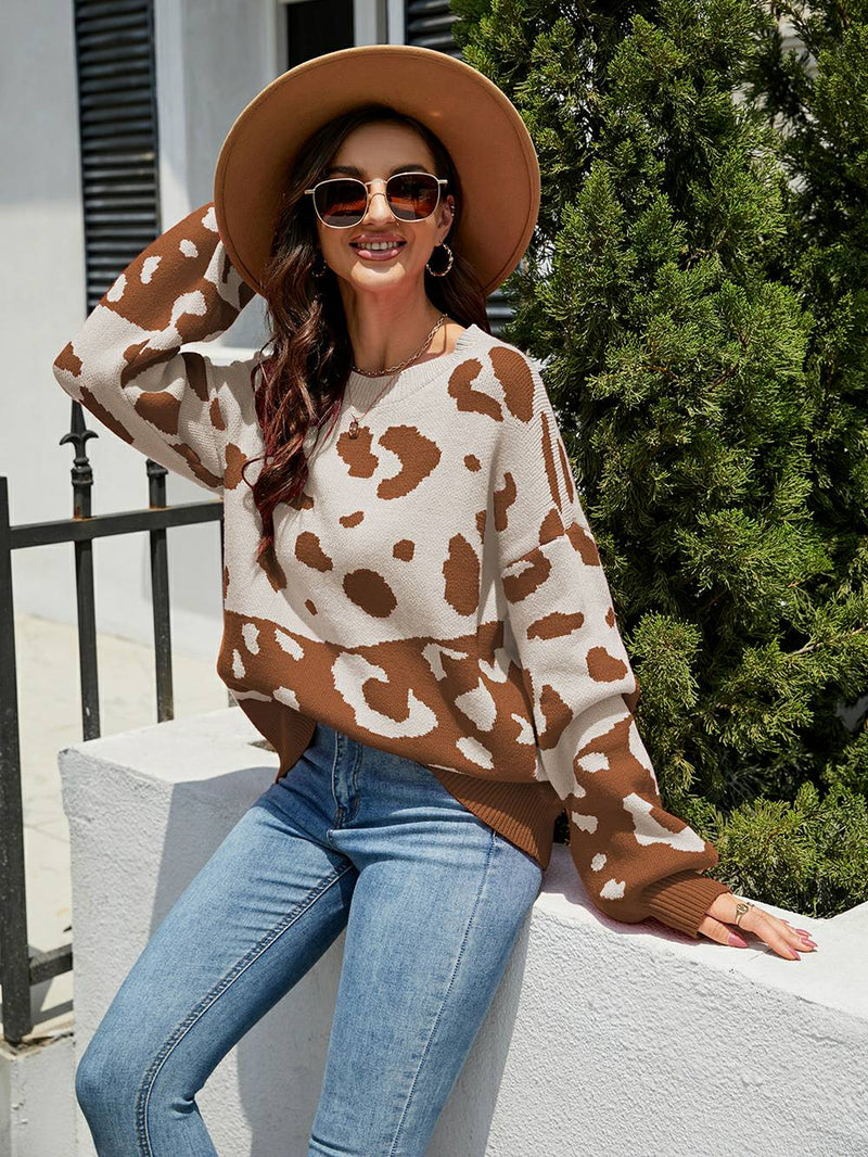 Leopard Round Neck Knit Sweater