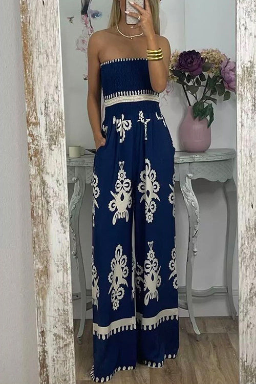 Off Shoulder Smocked High Waist Wide Leg Printed Jumpsuit