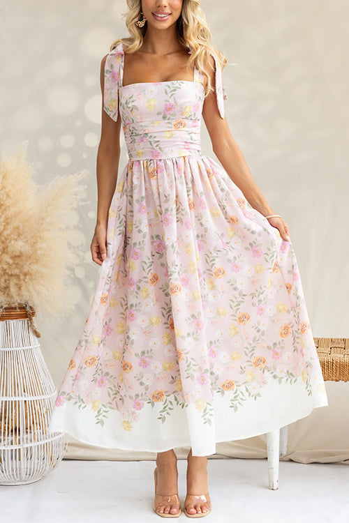 Adjustable Tie Straps Waisted Print Maxi Dress