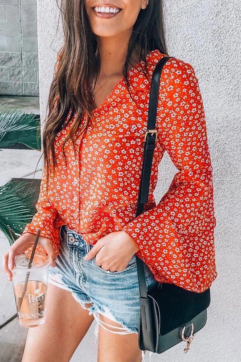 V Neck Printed Flared Sleeve Blouse