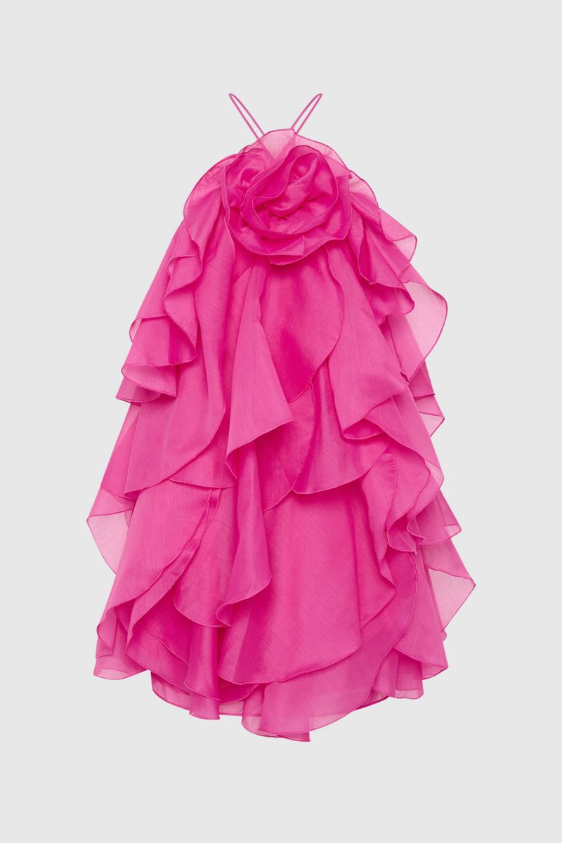 Caysie Halter Ruffle Layered Mini Dress - Fuchsia
