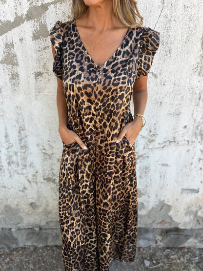 Leopard Print V-neck Jumpsuit With Front Pockets