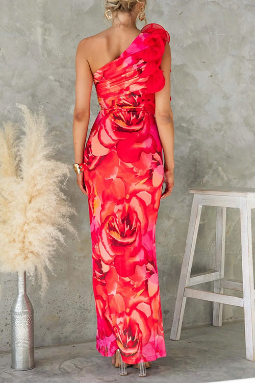 Moxidress Ruffle One Shoulder Print Bodycon Maxi Dress