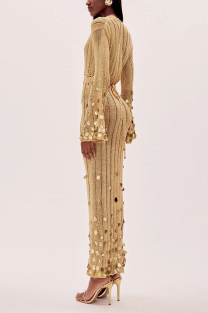Gold Sequin Knit Maxi Dress