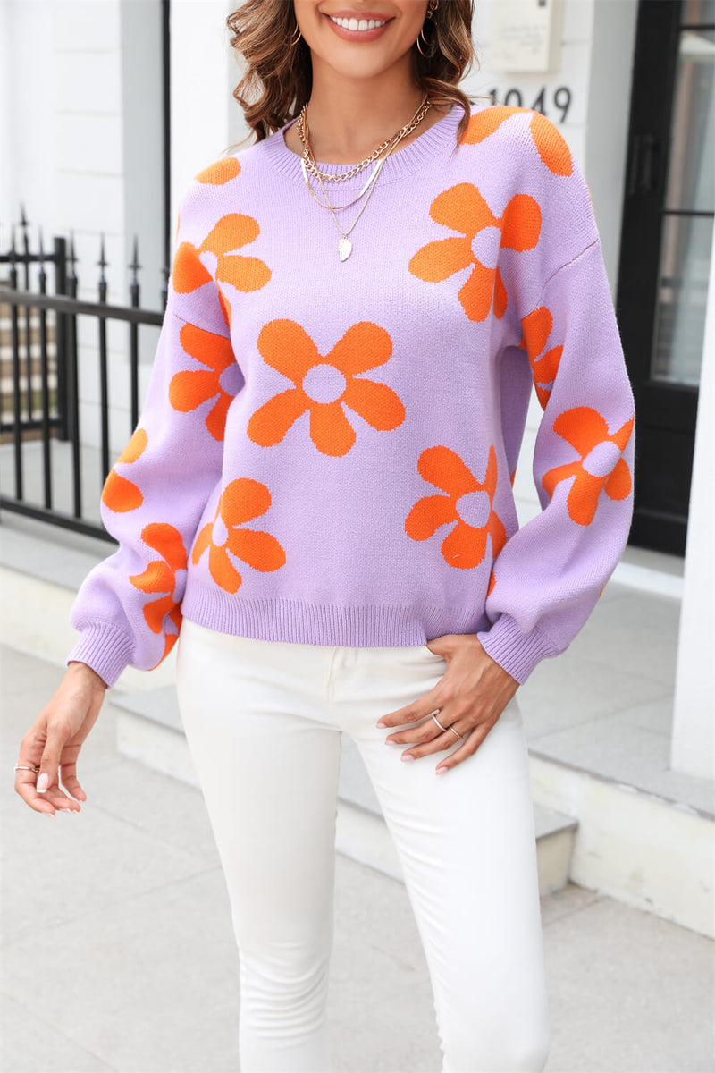 Fall Mega Daisy Pullover Sweater - Purple