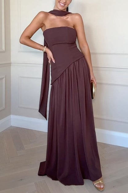 Strapless Back Lace-up High Slit Splice Maxi Dress