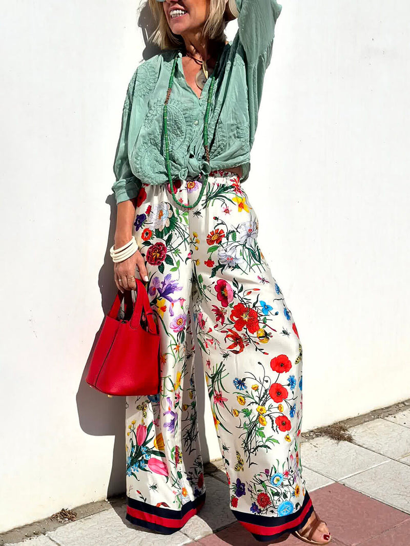 Unique Print Elastic Waist Pocketed Wide Leg Pants