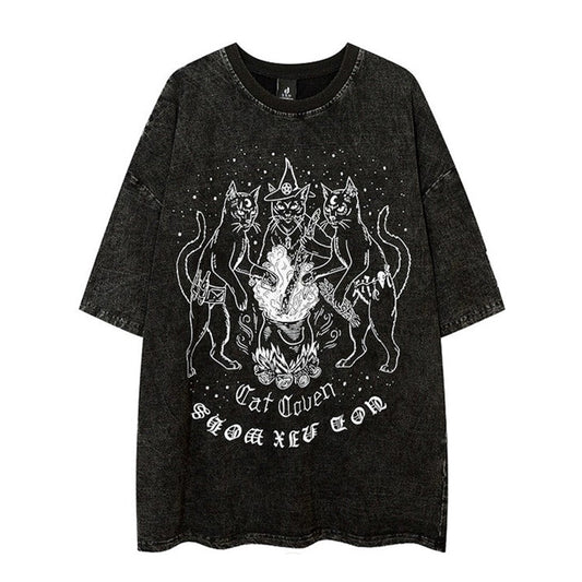 Punk Dull Sandstorm Design Cat Print Short Sleeve T-shirt