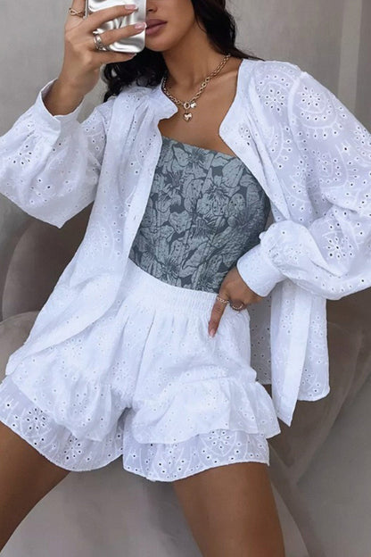 Hollow-out Jacquard Blouse Tiered Shorts Set
