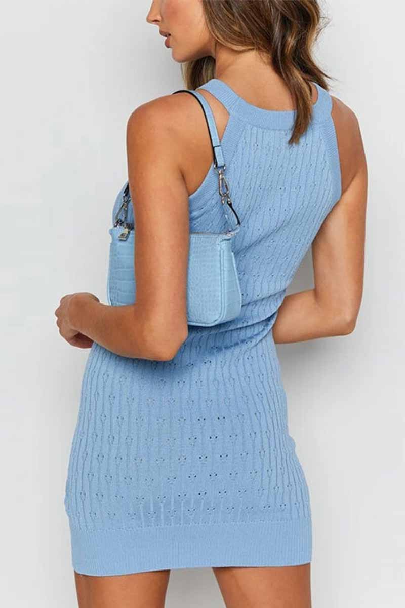Color Sleeveless Striped Knitted Bag Hip Mini Dress