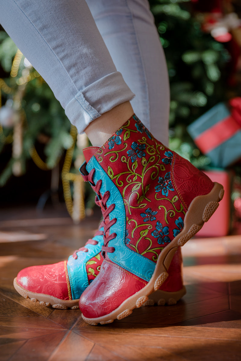 Soffia | Swirl Embossed Lace Up Leather Combat Boot