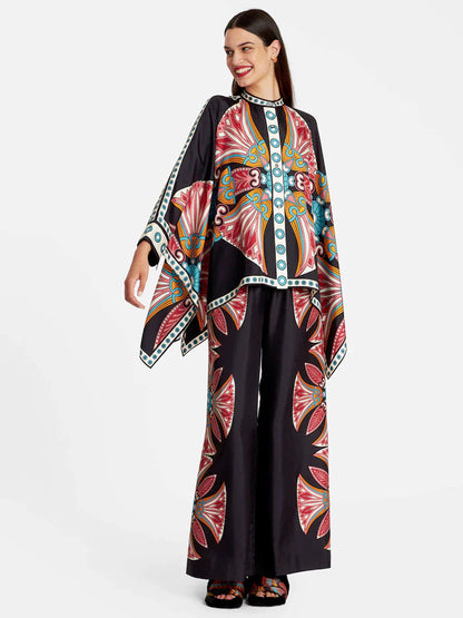 Fine Satin Print Batwing Sleeve Pants Set - Black-red Flowers