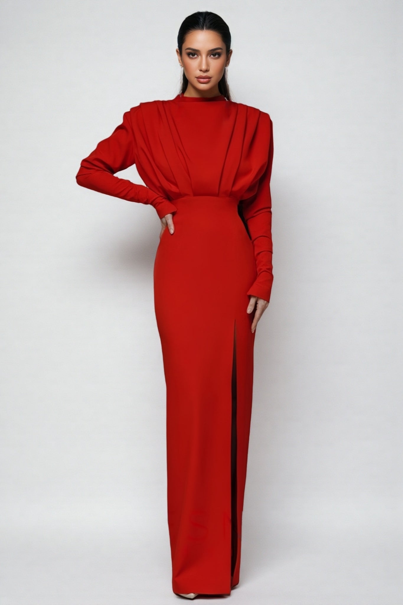 Davina High Neck Slit Maxi Dress-red