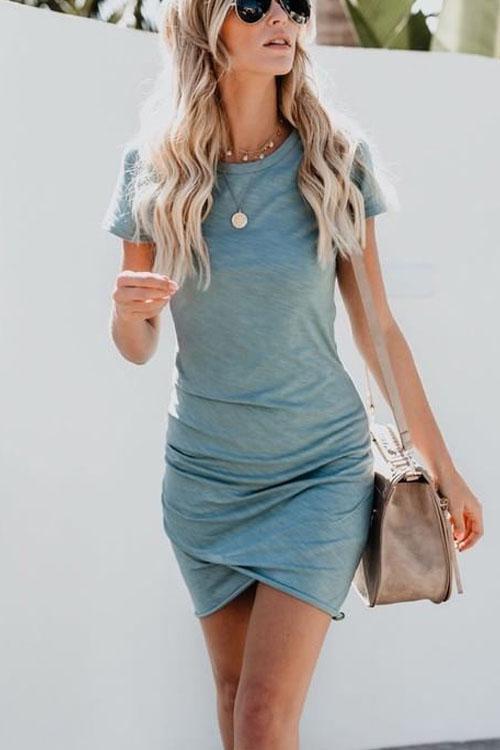 Moxidress Short Sleeve Ruched Seafoam Mini Dress