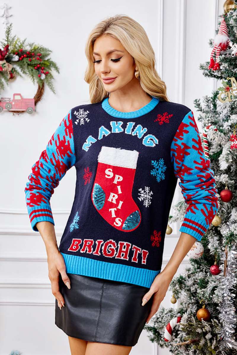 Christmas Socks Embroidery Knit Sweater