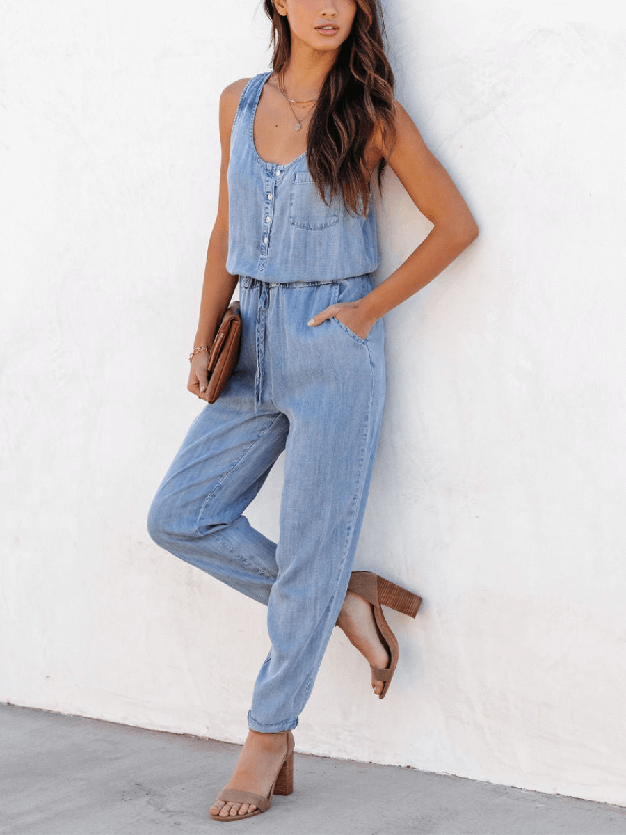 Courtney Pocketed Sleeveless Denim Jumpsuit - Blue
