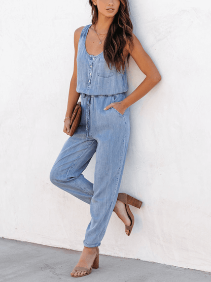 Courtney Pocketed Sleeveless Denim Jumpsuit - Blue