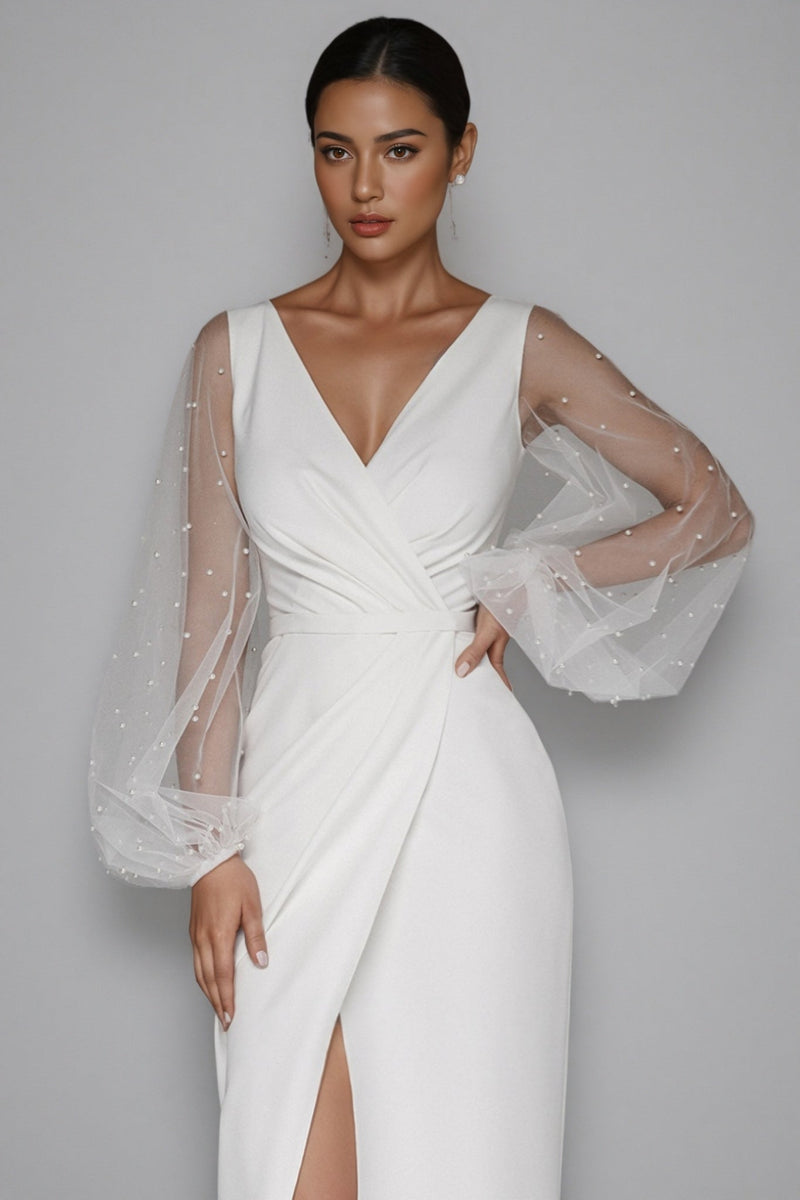 Carlotta White Deep V-neck Slit Maxi Dress