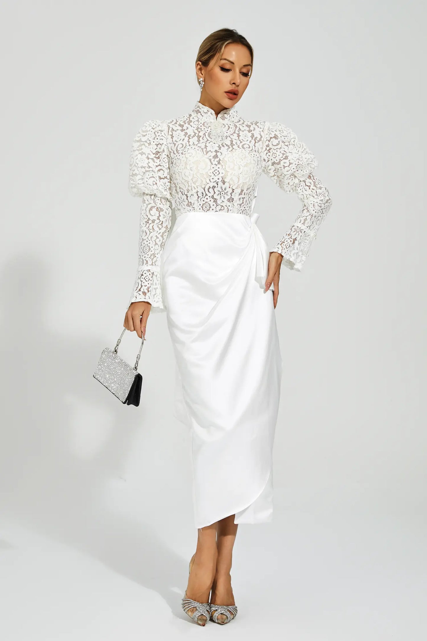 Kailey White Lace Bubble Sleeve Midi Dress