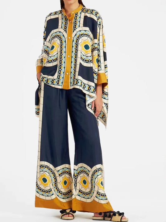Fine Satin Print Batwing Sleeve Pants Set - Yellow-blue