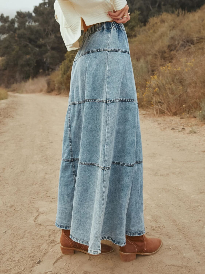 Stitch and Feather Denim Maxi Skirt