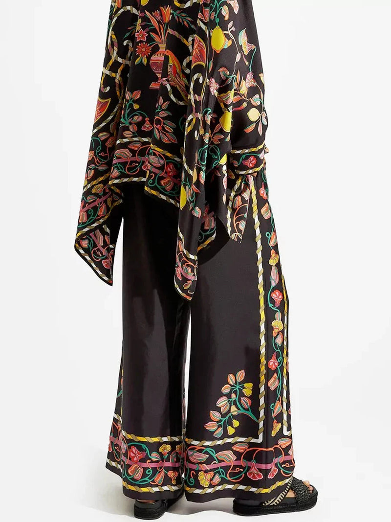 Fine Satin Print Batwing Sleeve Pants Set - Black