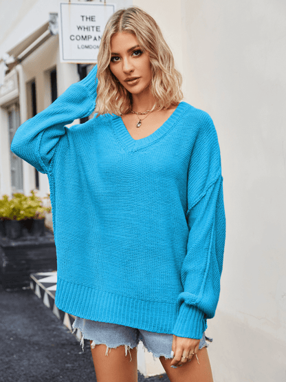 Hughes Heart Neck Knit Sweater - Blue