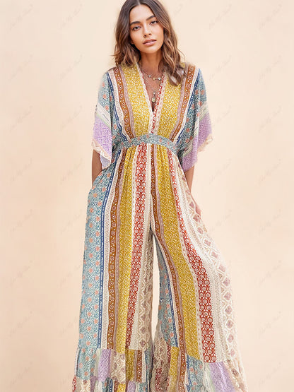 Retro Flare Sleeve Pocketed Loose Wide Leg Jumpsuit