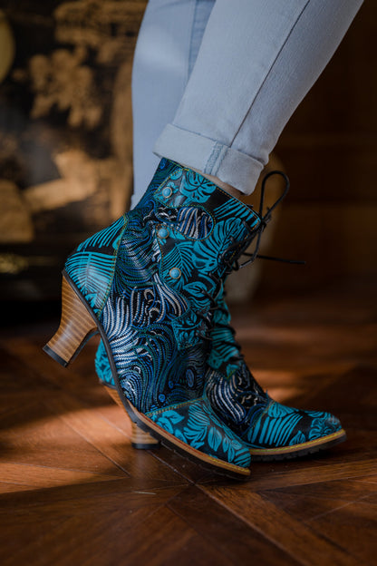 Soffia | Palm Leaf Peacock Feather Leather Ankle Boot