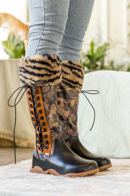 Soffia | Tiger Pattern Fur Circum Leather Tie-accent Boot