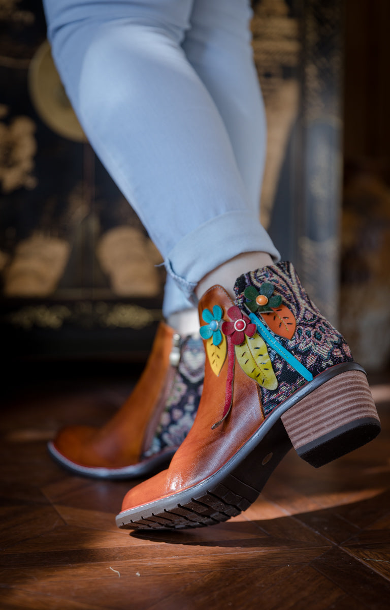 Soffia | Petal Applique Leather Ankle Boot