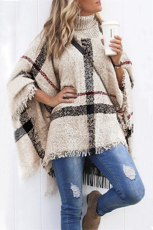 Chicest Tassel Lattice Cloak Poncho Sweater