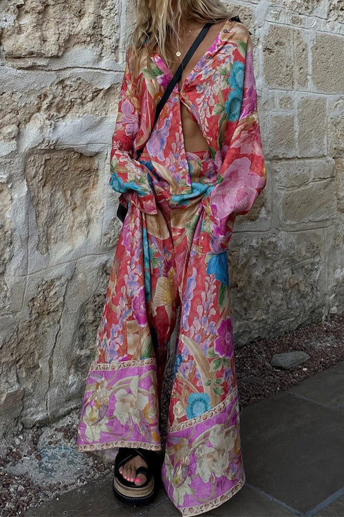 Moxidress Long Sleeves Button Up Shirt and Wide Leg Pants Print Set