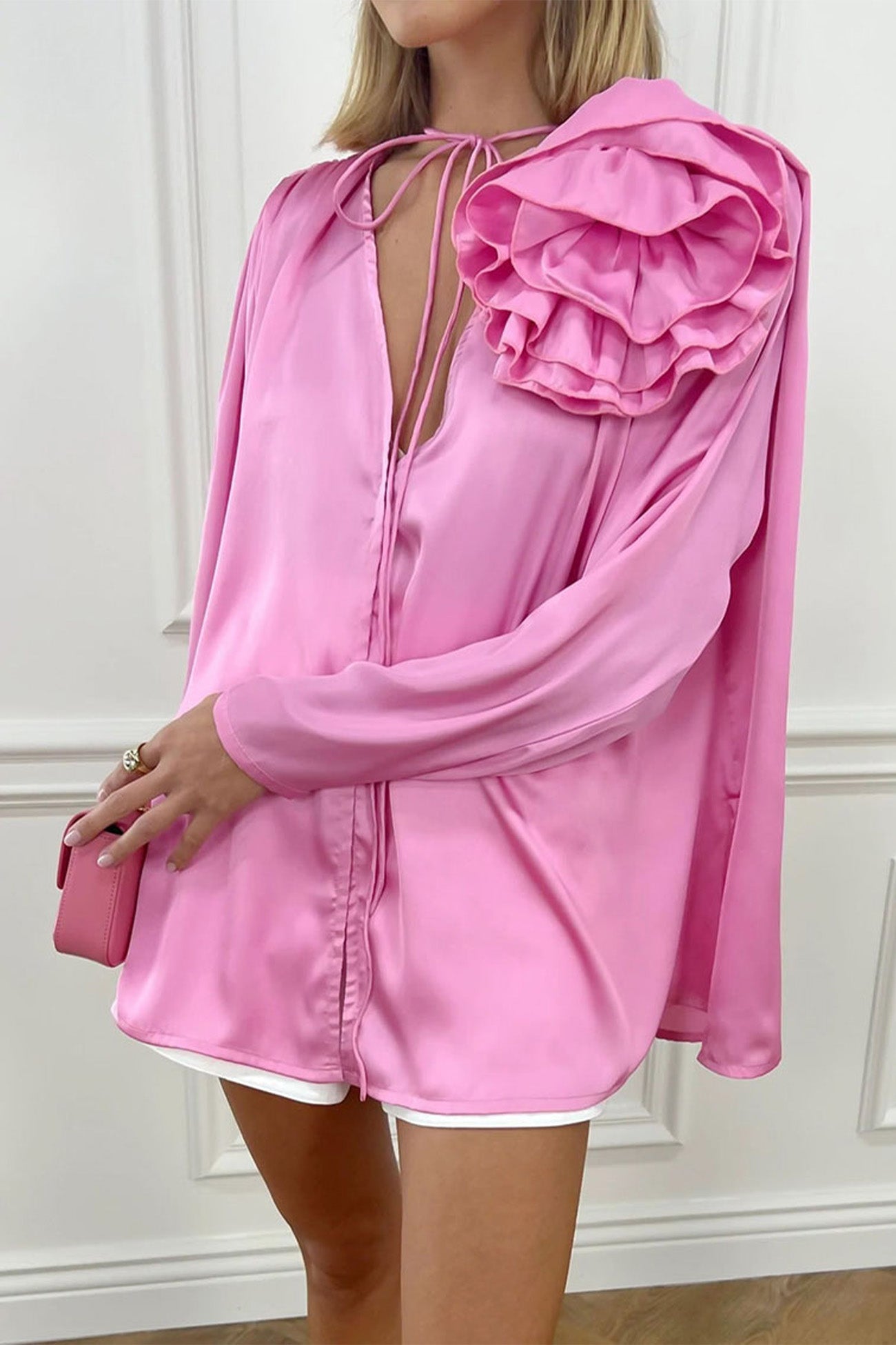 Pink V Neck Ruched Lace-up Blouse