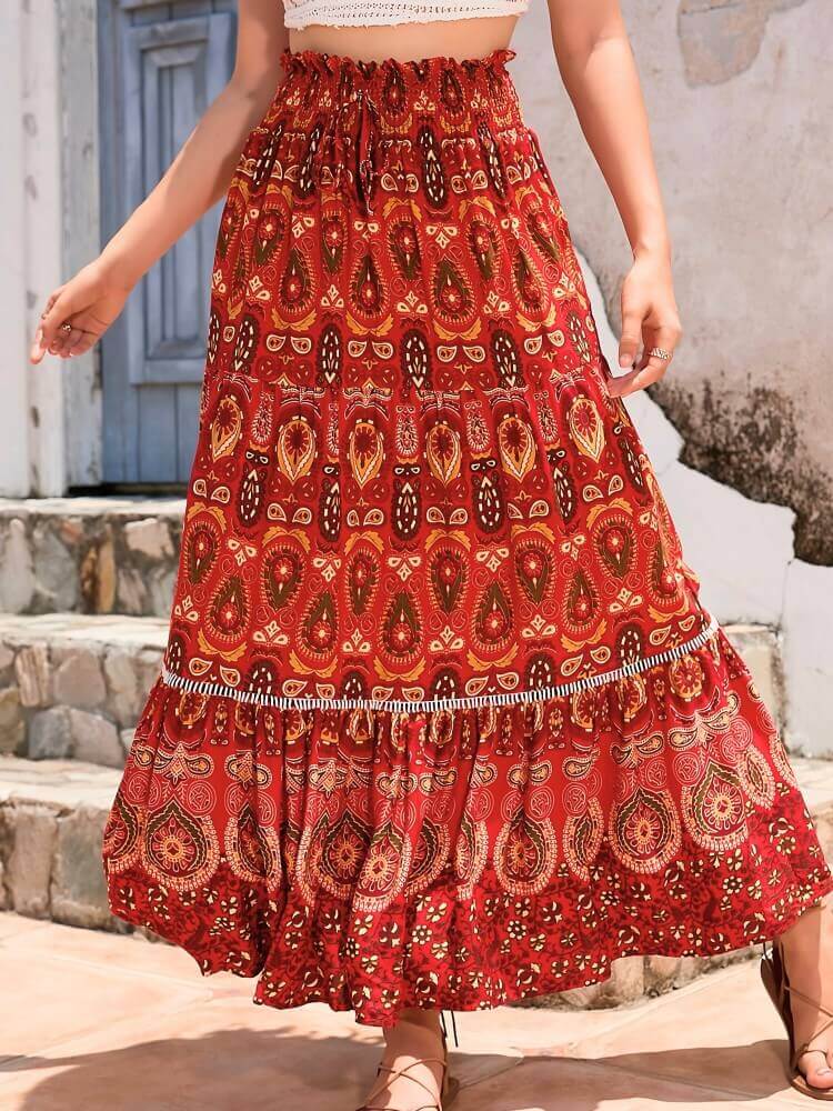 Shirred High Waist Skirt in Red