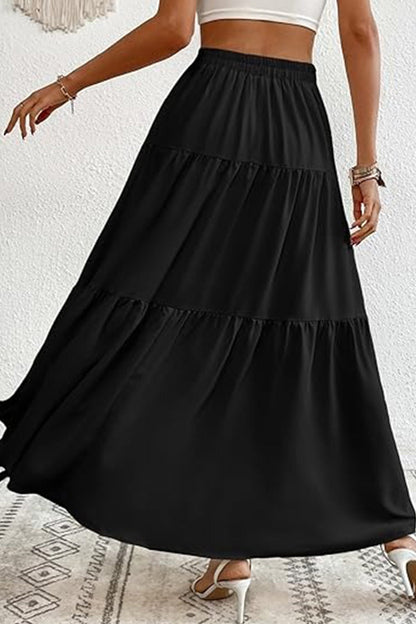 Single-breasted Color Tiered Maxi Skirt