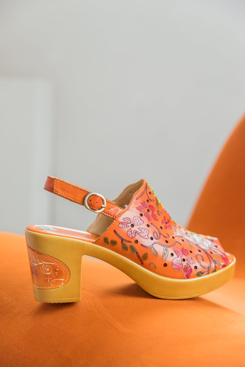 Soffia | Orange Embossed Perforated Leather Sandal