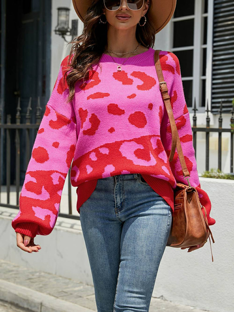 Leopard Round Neck Knit Sweater