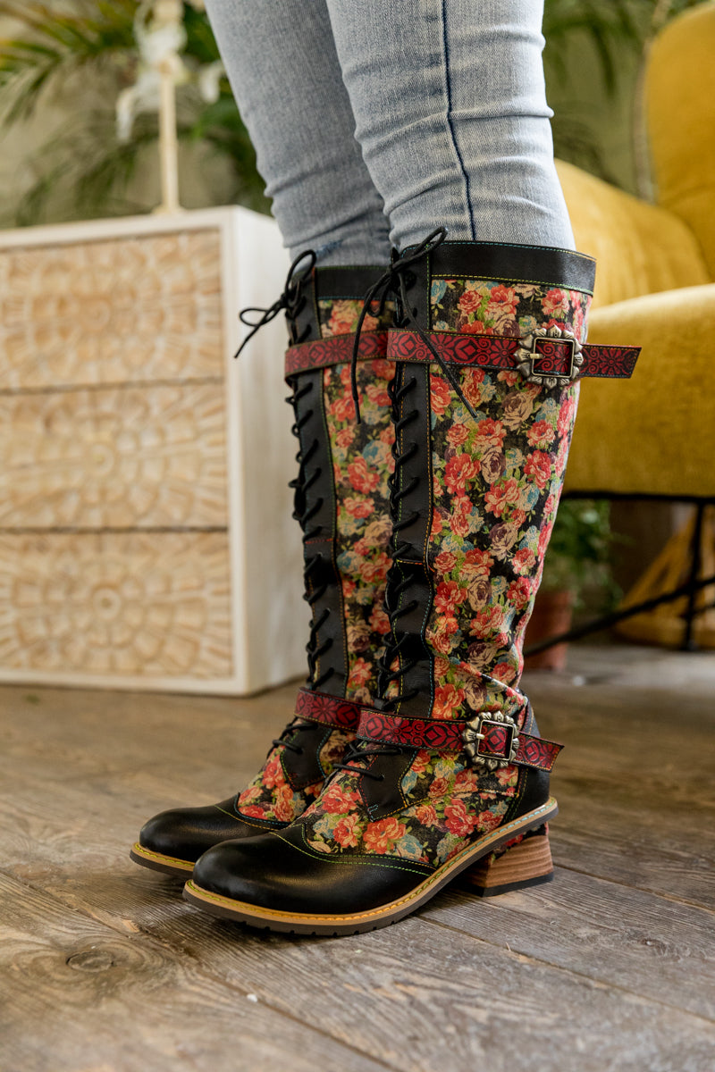 Soffia | Blooming Tie-accent Leather Knee High Boot
