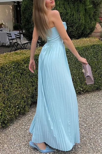 Moxidress Strapless V Neck Corset Pleated Maxi Dress