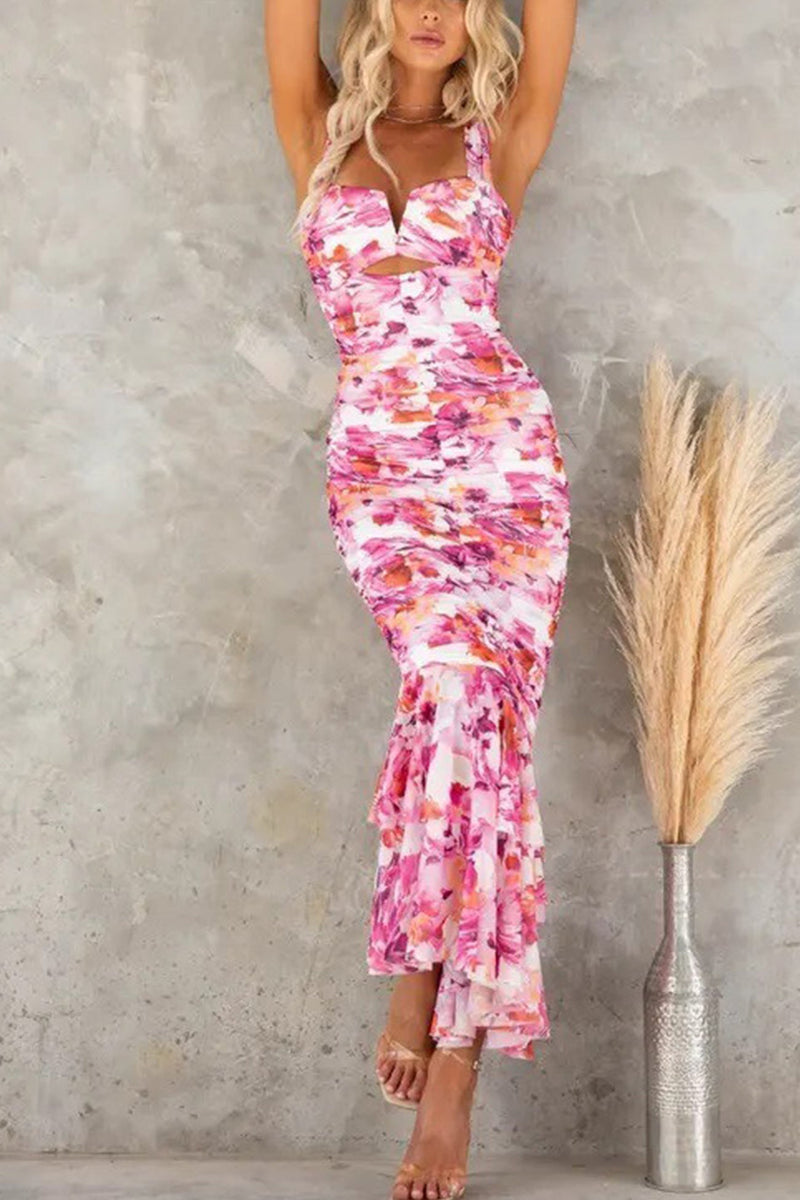 Print Ruched Fishtail Dress