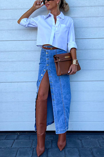 High Rise Button Down Slit Denim Skirt