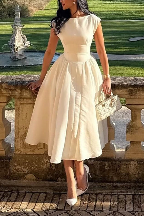 Moxidress Cap Sleeves Open Back Waisted Swing Midi Dress