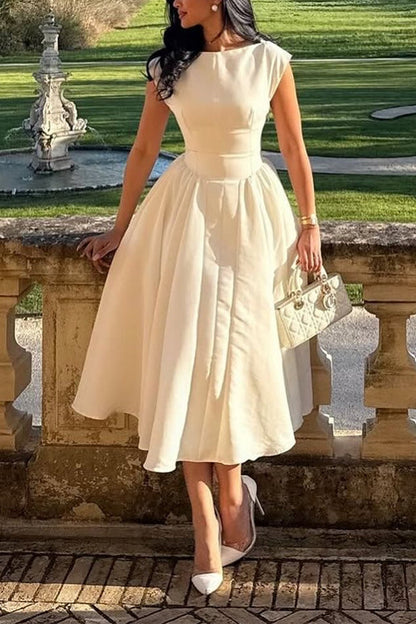 Moxidress Cap Sleeves Open Back Waisted Swing Midi Dress