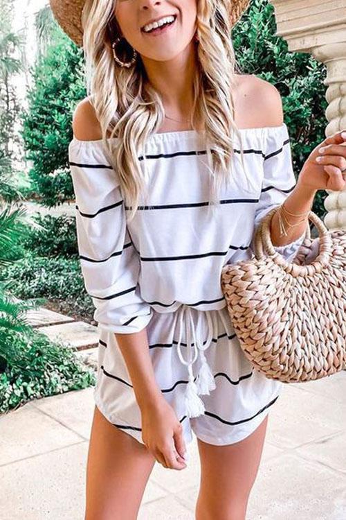 Moxidress Off Shoulder Drawstring Waist Striped Shorts Jumpsuit