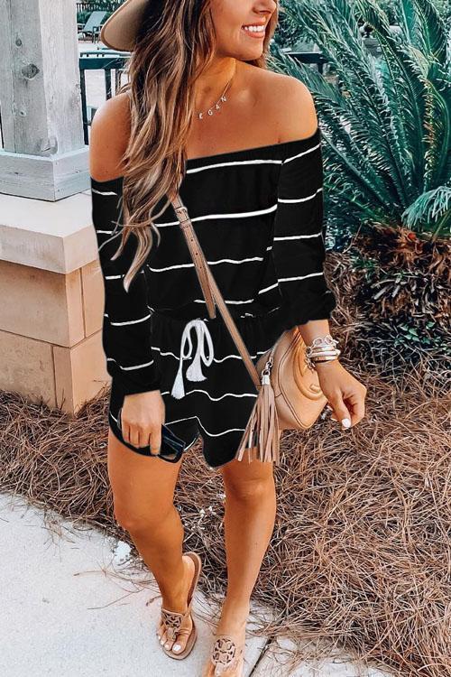 Moxidress Off Shoulder Drawstring Waist Striped Shorts Jumpsuit
