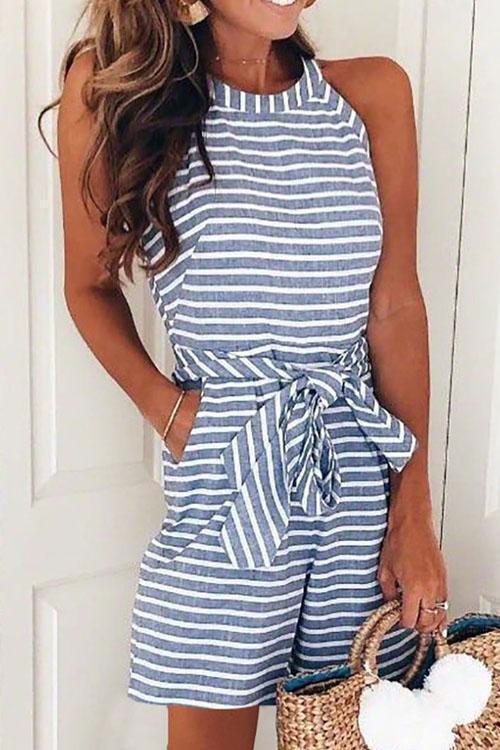 Moxidress Bow-knot Sleeveless Striped Romper
