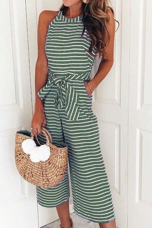 Moxidress Crewneck Sleeveless Striped Bow-knot Wide Leg Jumpsuit