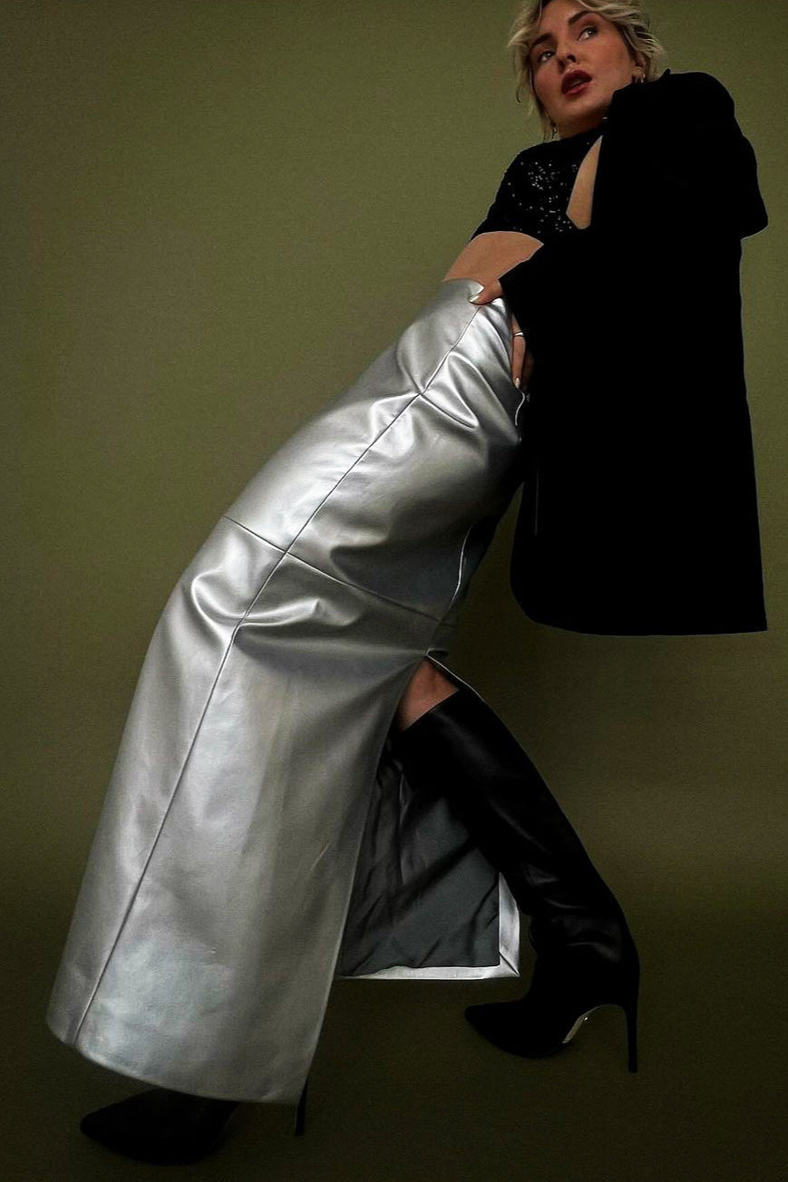 High Gloss Pu Leather Bodycon Slit Skirt